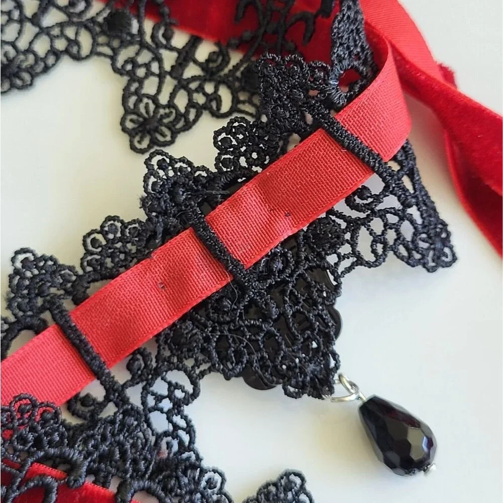 Gothic Fairy Cameo Lace Choker – Black Lace & Red Velvet Ribbon Necklace
